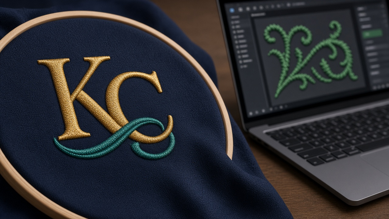 Finished embroidery on the hoop with digitising software in the background